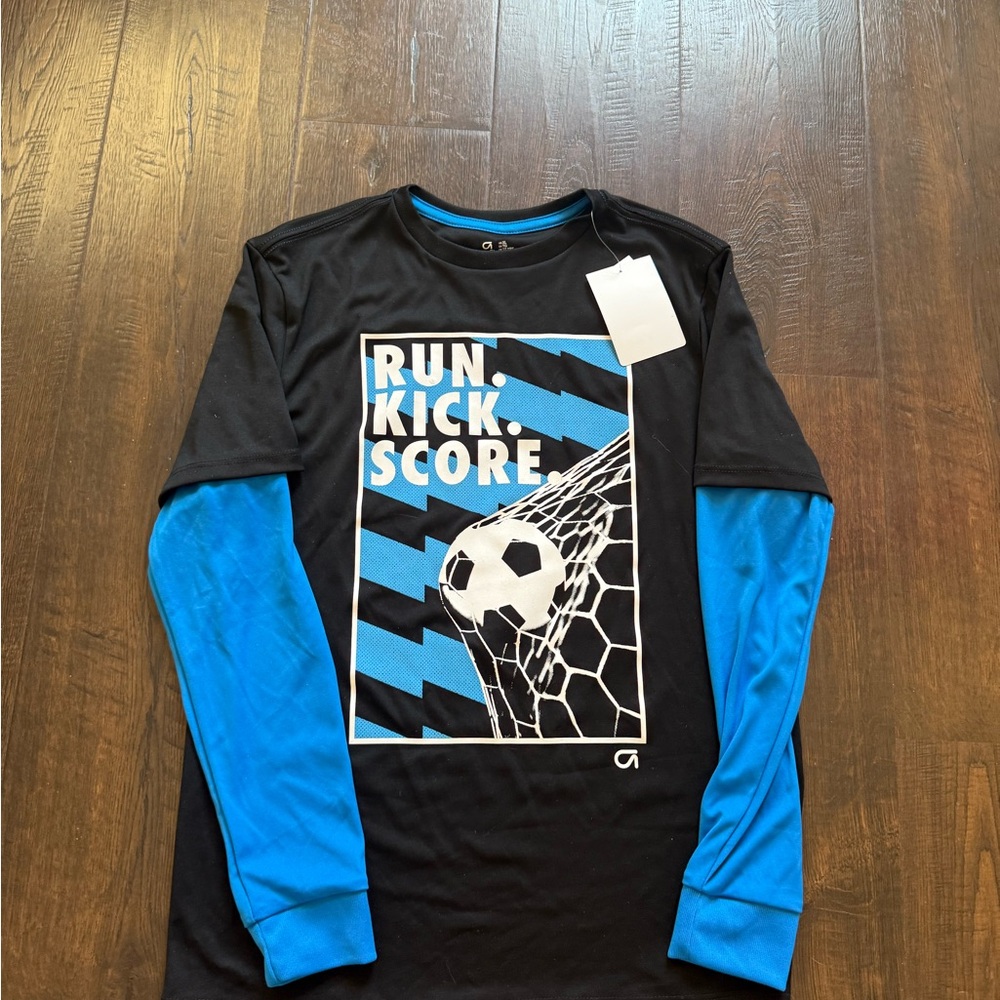 NEW WITG TAGS GAP Black and Blue Soccer Graphic Kids Long Sleeve Tee